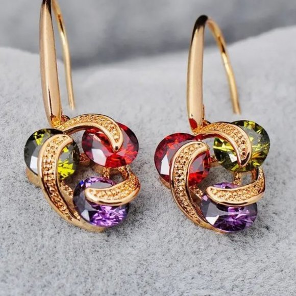 18K Gold Plated Zirconia Earrings Red Green Purple Stones Dangle NEW - Picture 1 of 1